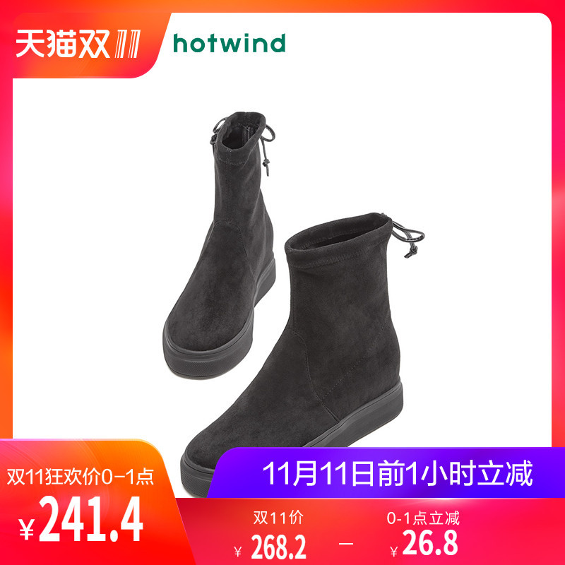 热风2018冬季新款潮流时尚女士一脚套休闲靴平底学生短靴H91W8403 01黑色 40