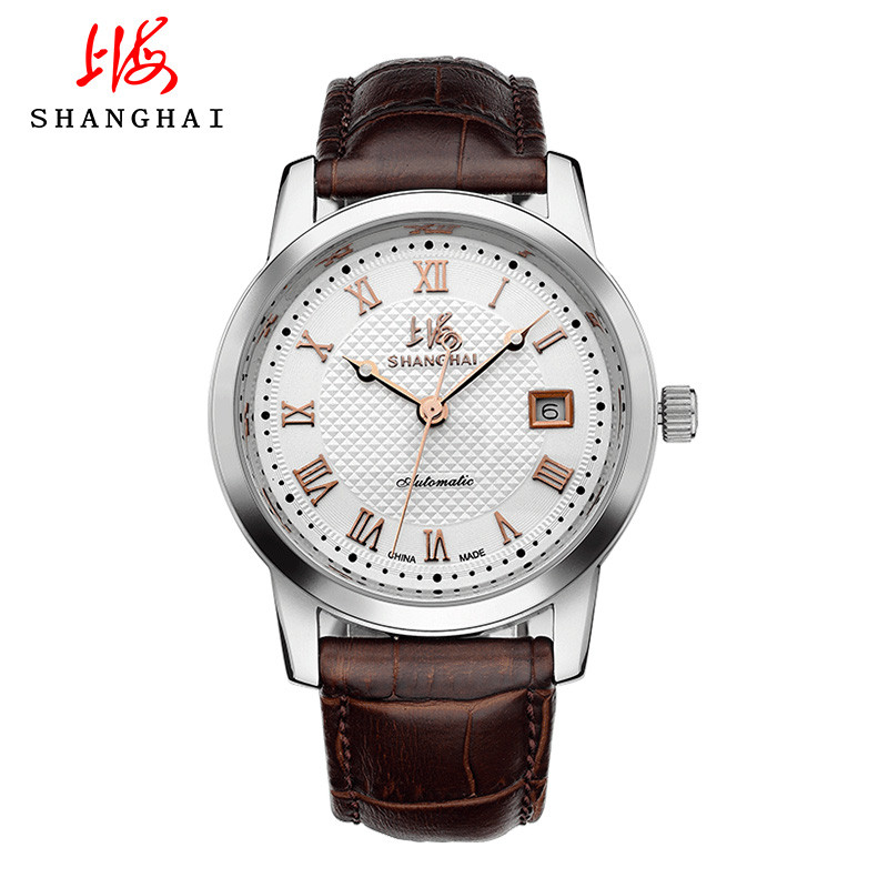 上海牌手表 正品机械表休闲男士全自动防水皮带经典复古男手表08R 白钢