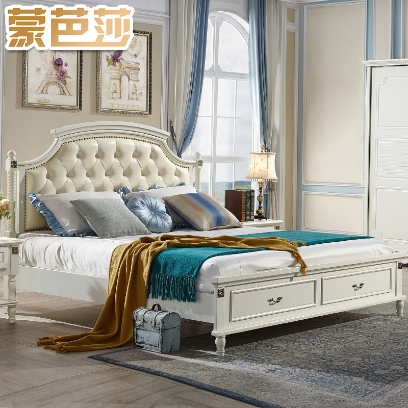 凯丽罗拉 床 美式床 实木床 皮床 白色床 简约美式床 1.8米婚床 1.5米木质高箱储物床 【1.5*2.0米】床+床头柜*1+床垫【排骨架】