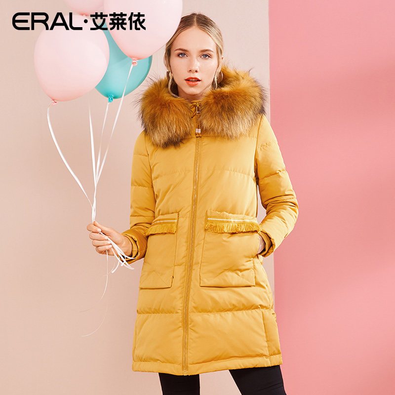 ERAL/艾莱依羽绒服女中长款2018冬装新款大毛领羽绒大衣 155/80A/S 梵高黄