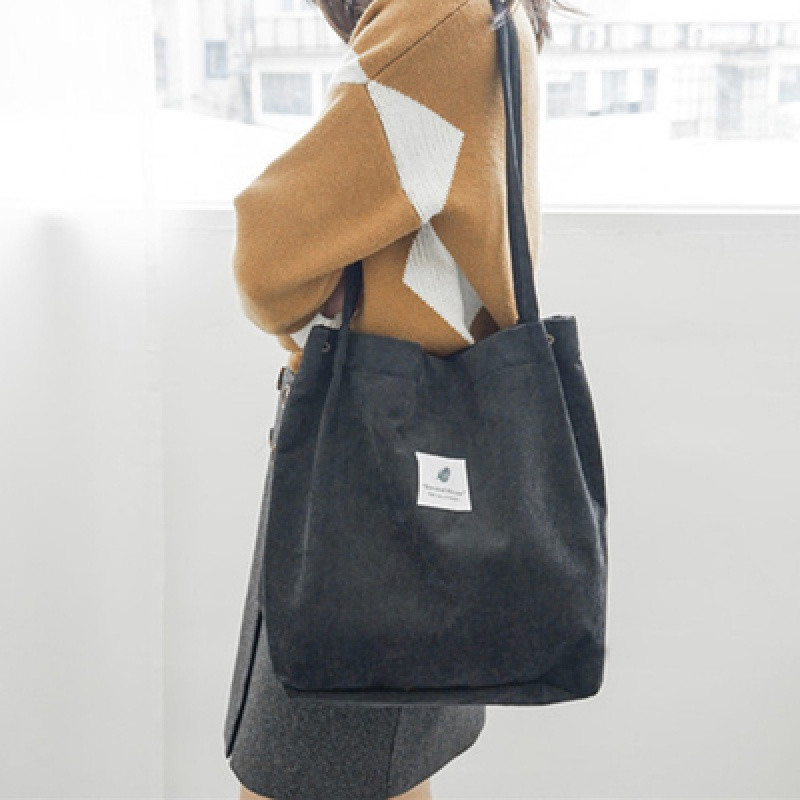 韩版慵懒风小清新复古灯芯绒女单肩包文艺森系chic手提袋帆布包_2 灯芯绒单肩包黑色