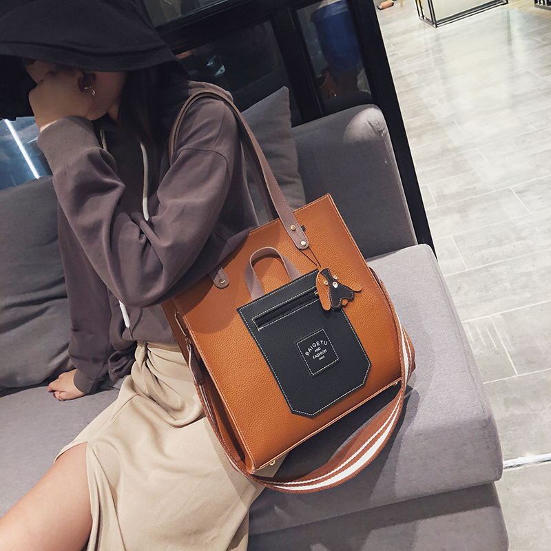 包包女2018新款校园时尚大学生上课手提包撞色单肩包大容量托特包_7 棕色