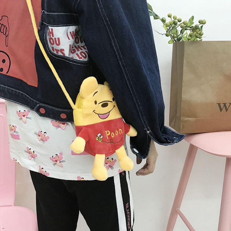韩国可爱卡通动漫毛绒斜挎包双层手机包软妹刺绣迷你小包学生女包_16 卡通挎包蜜蜂黄熊