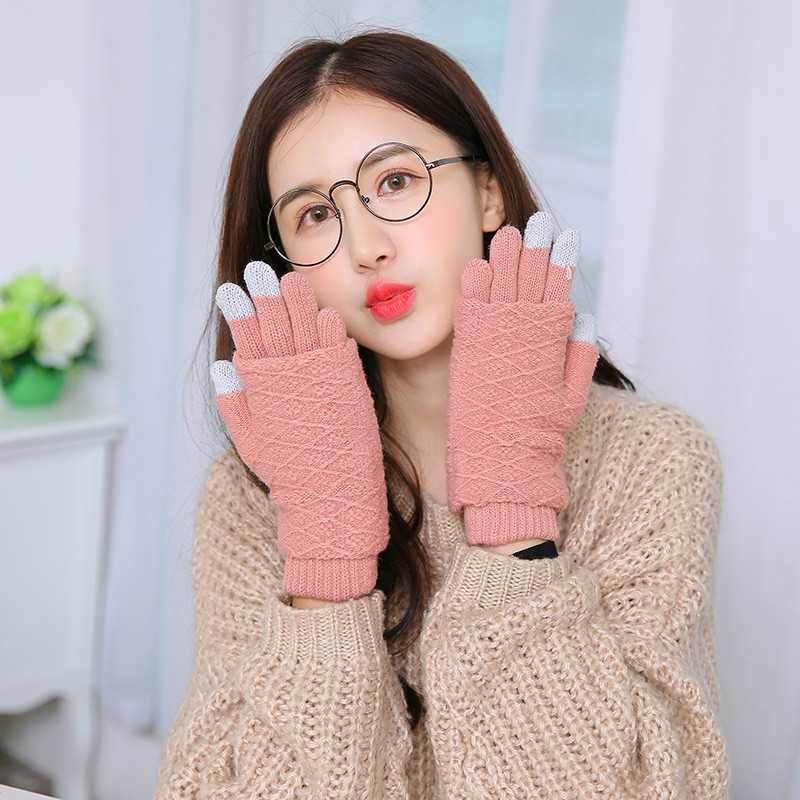 手套女冬季韩版可爱日系卡通学生保暖露指翻盖毛线半指秋冬天手套_2 无毛球-粉色