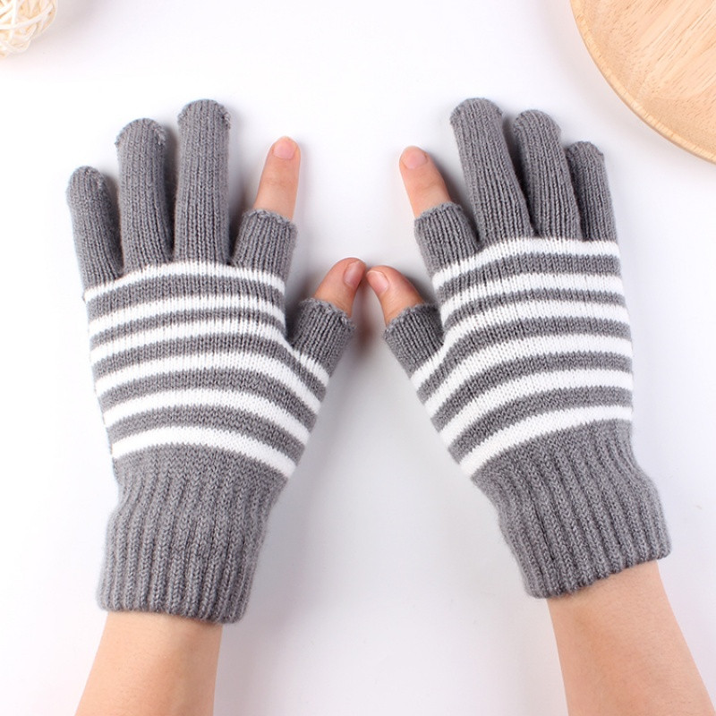半指手套男女士保暖毛线漏二指学生写字工作骑行车露手指头秋冬季_2 灰色条纹二指