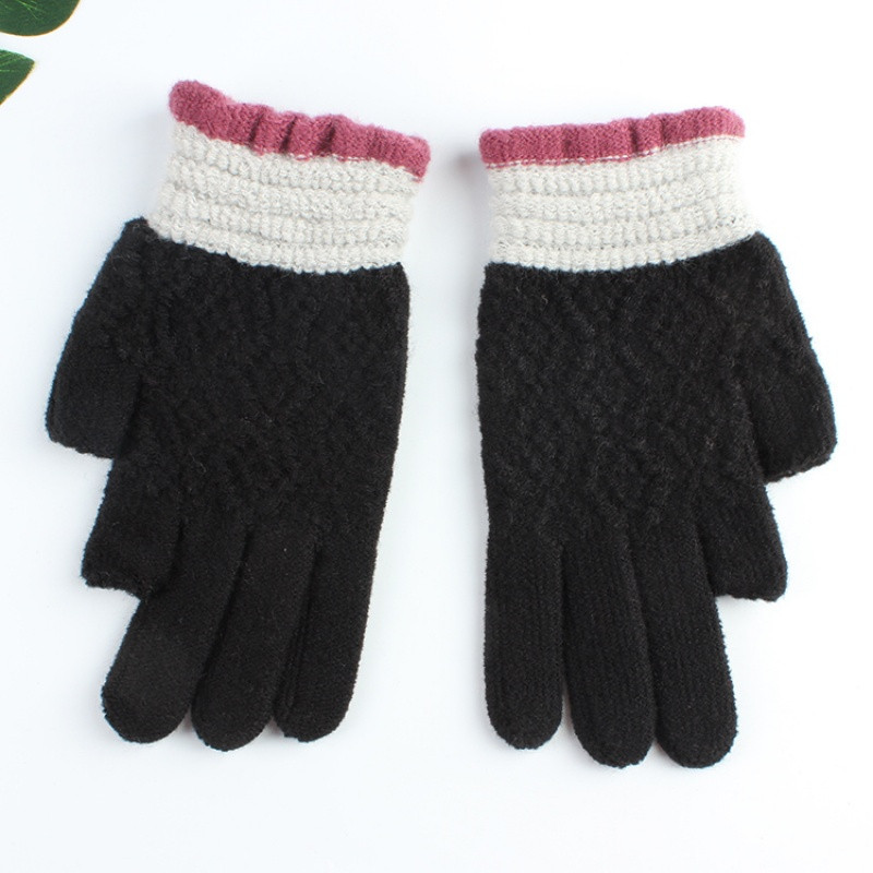 半指手套男女士保暖毛线漏二指学生写字工作骑行车露手指头秋冬季_2 优雅黑波浪二指