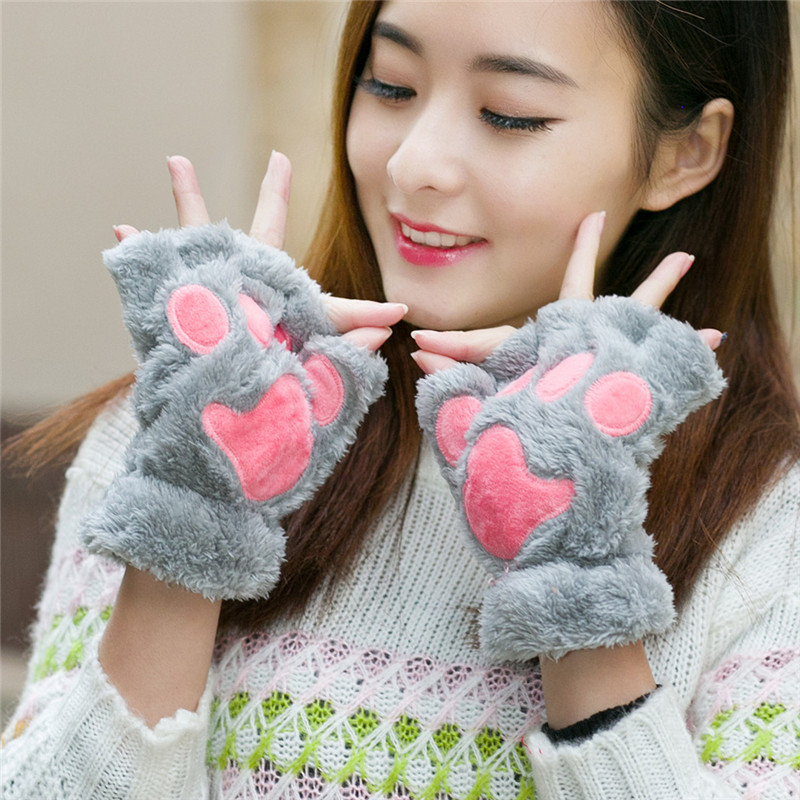 2018新熊掌暴爪手套秋冬女可爱卡通绣花猫爪半指加绒手套加厚保暖_2 c041半指灰色