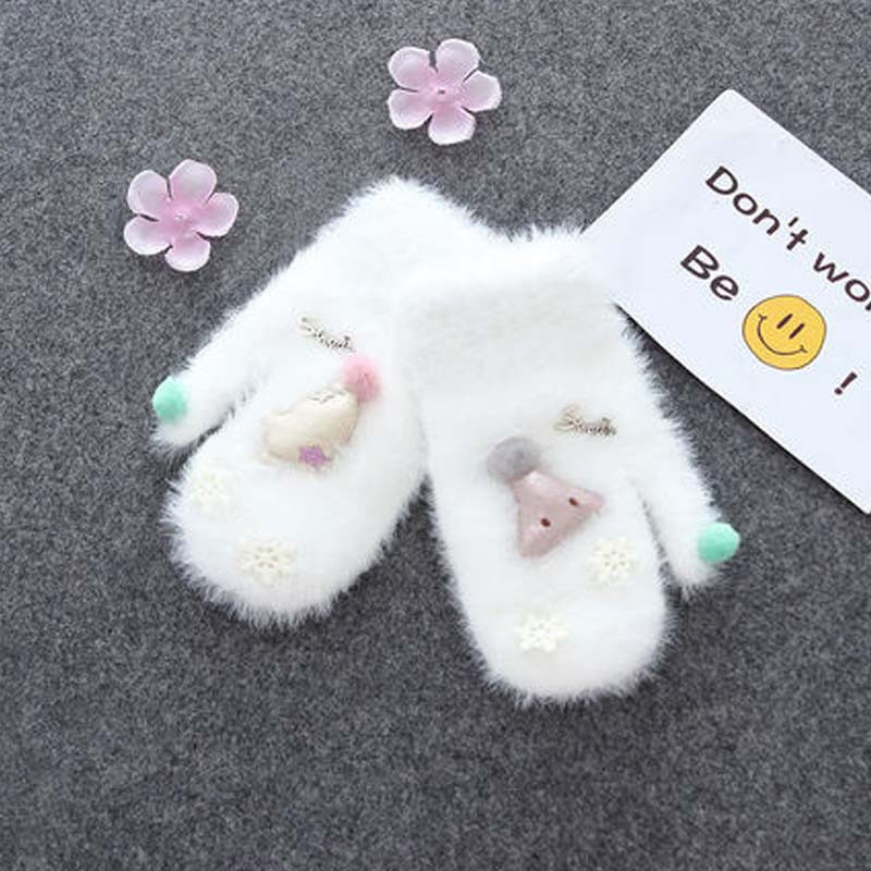 儿童手套女冬加绒加厚甜美可爱小学生韩版保暖手套女童通用简约小清新婴童手套 均码 白色