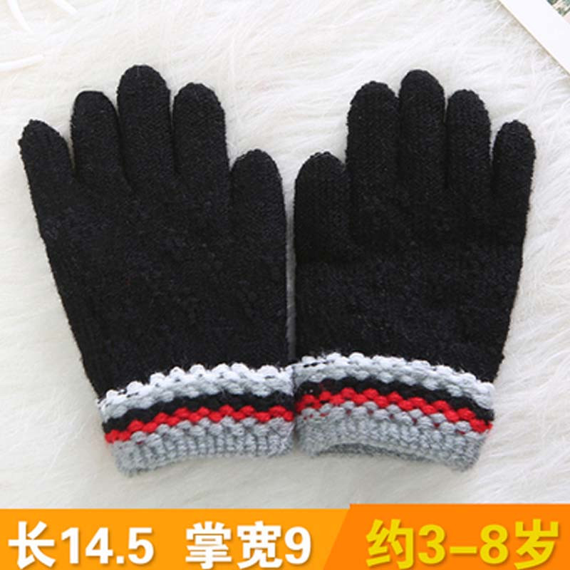 儿童手套薄款宝宝小孩男童女童学生秋冬保暖可爱五指手套简约小清新婴童手套 3-8岁均码 【波浪款五指手套】黑色