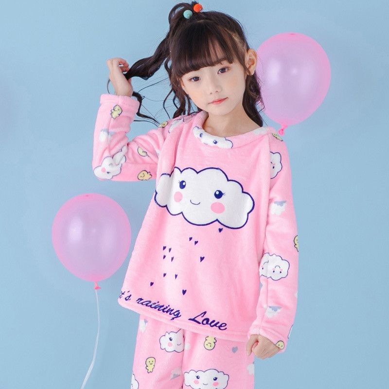 [促销]秋冬季儿童睡衣加厚女孩法兰绒童装珊瑚绒家居服小孩睡衣男女童_1 16#建议身高135-145厘米 萌绒套装#白云