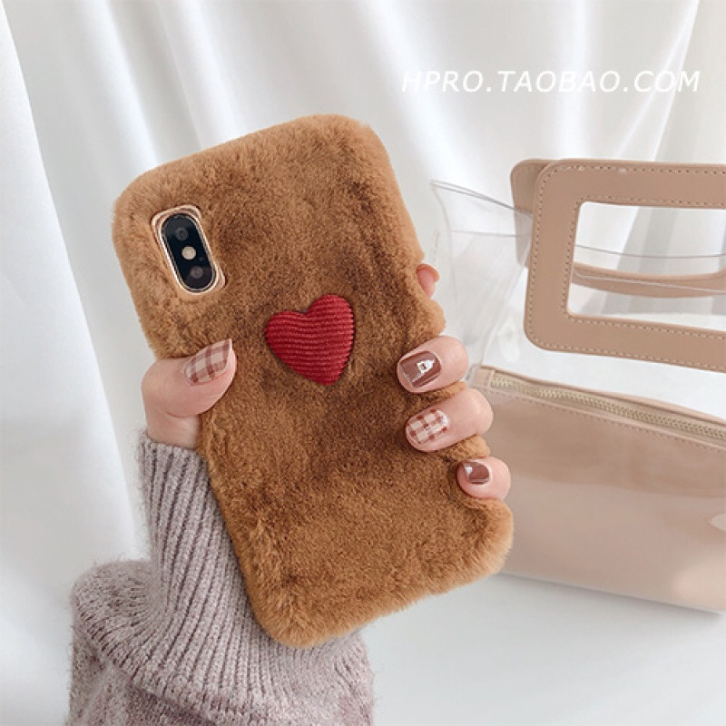 爱心毛绒壳8plus苹果x手机壳XSMax/XR/iPhoneX/7p/6女iphone iPhoneXSMax棕色