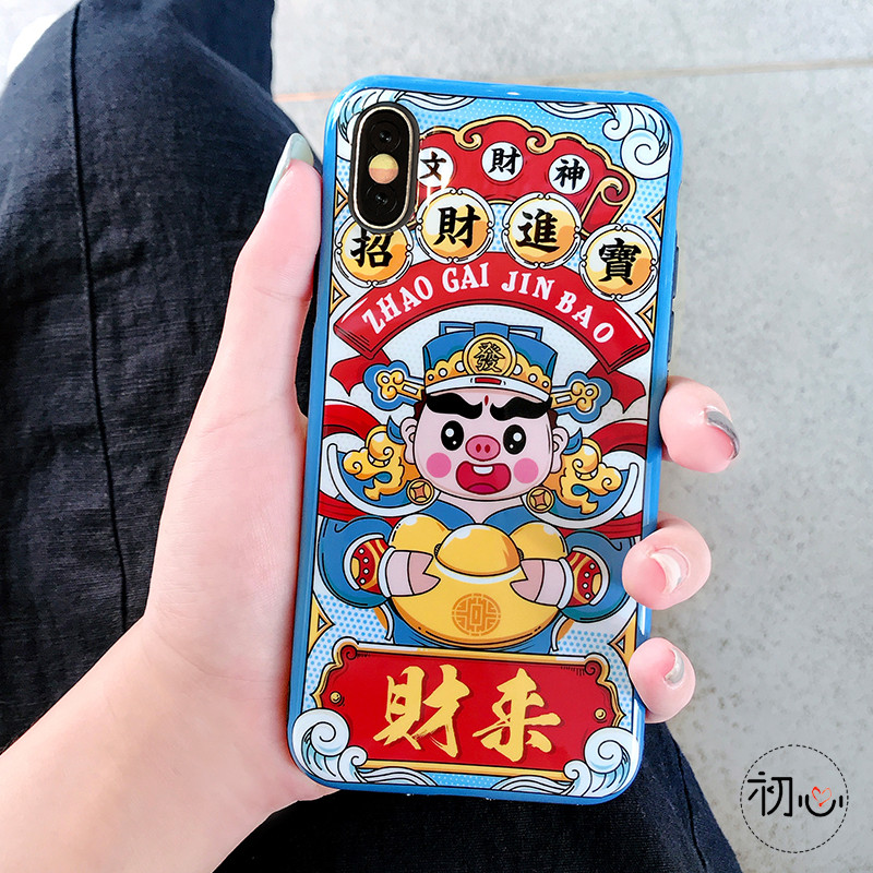 猪年卡通财神爷XS苹果7plus手机壳iPhoneXmax可爱创意X软壳8p女6s 苹果XsMax蓝底Q版财神爷财来IMD软壳