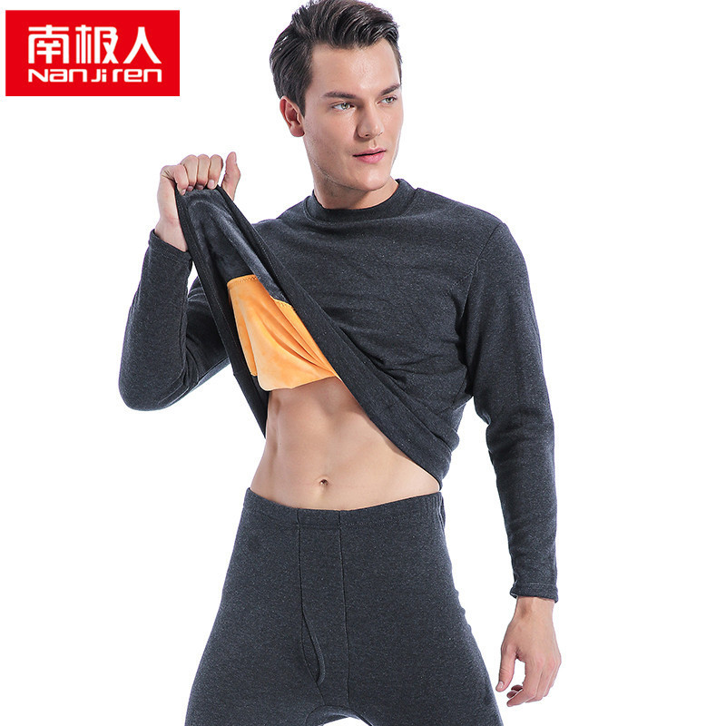 南极人黄金绒暖甲加厚加绒内衣 男女加大码半高领中保暖情侣套装 XL 男款深灰