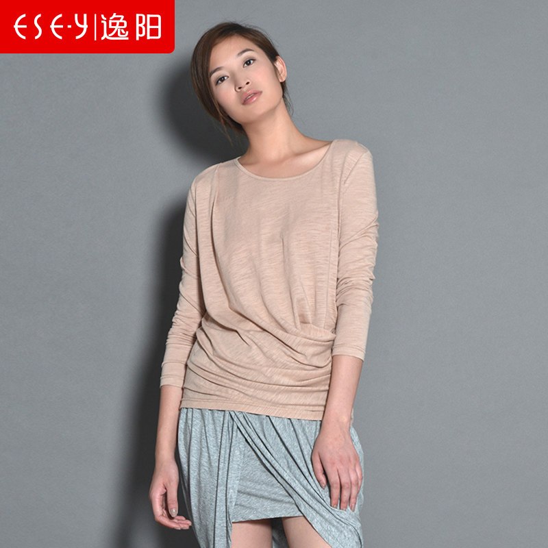 2018秋季新款薄软舒适圆领长袖T恤上衣女 M 杏粉色