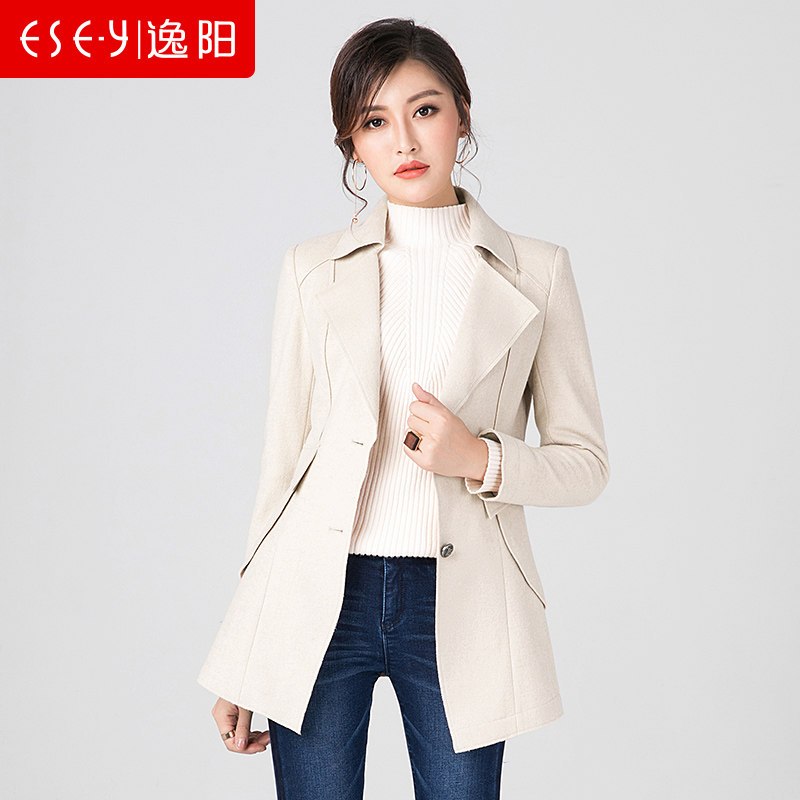 清仓2018春夏新款女装西装领2粒扣羊毛呢子外套大衣女妈妈0805_3 2XL 米色