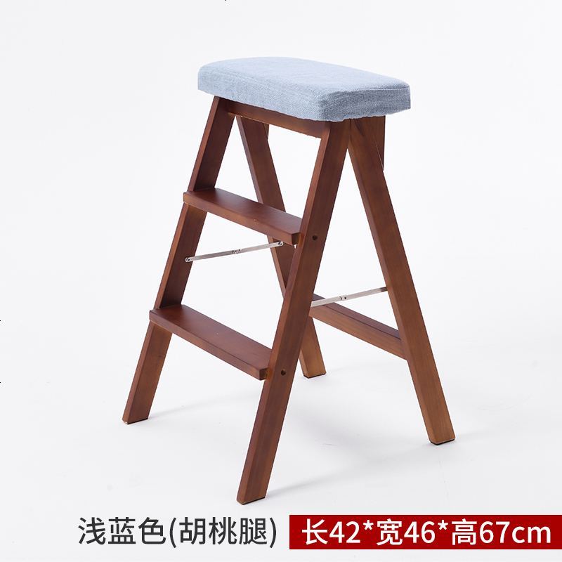 实木梯凳家用三步折叠梯子省空间室内多功能梯椅两用登高楼梯凳子_266_382 浅蓝色（胡桃色腿）梯凳
