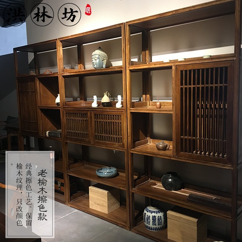 新中式书架黑胡桃实木书柜禅意茶架茶室置物架展柜老榆木博古架_109_78 老榆木本色（单个）