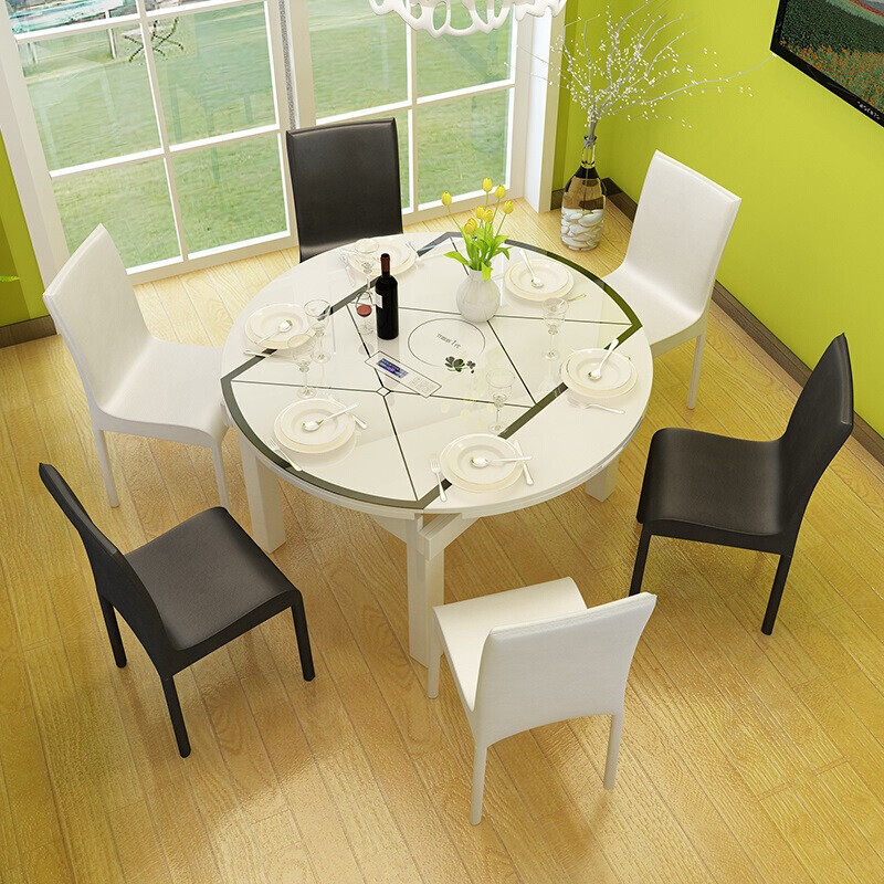 餐桌椅组合现代简约6人伸缩实木餐桌圆形饭桌折叠钢化玻璃电磁炉_69 白网玻-带电磁炉餐桌6椅(B款)