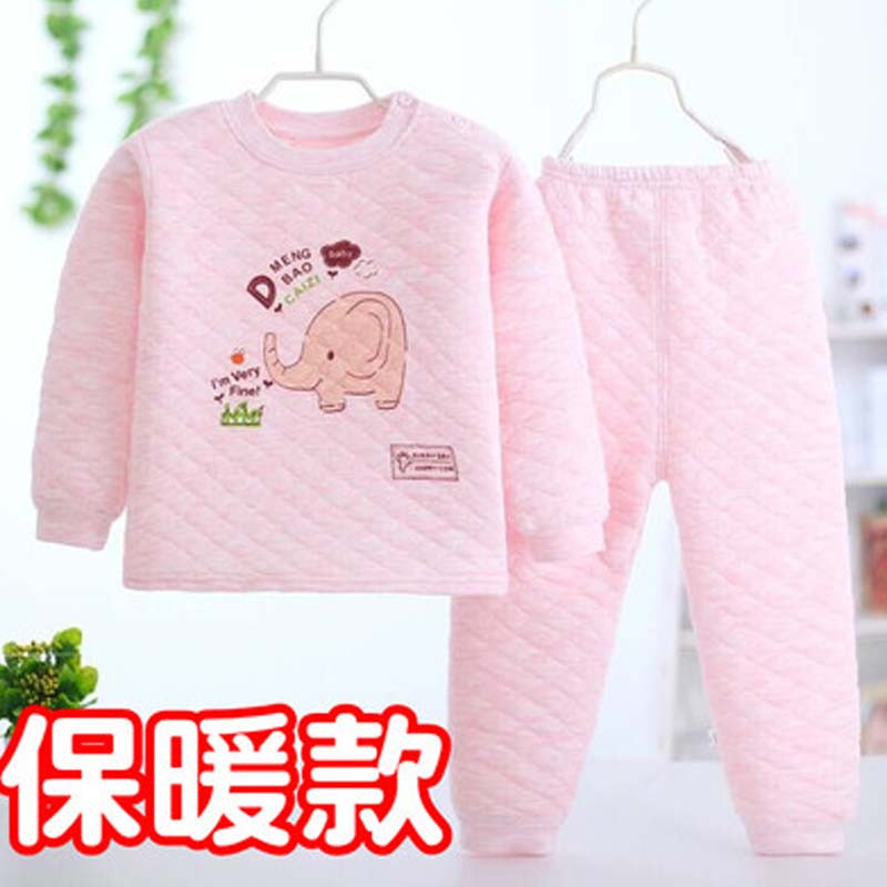 儿童肩扣内衣套装秋冬衣服男童婴儿秋衣秋裤女宝宝保暖家居服简约儿童家居服 90码（建议身高90cm内） 保暖肩扣（大象）粉