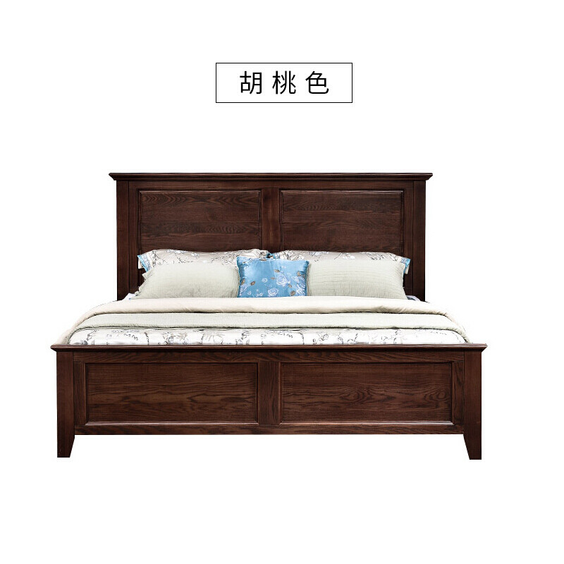 美式乡村白色双人床1.5米简风格卧室实木床家具婚床背靠床1.8米白蜡木平头床﹛胡桃色﹜ 白蜡木平头床﹛胡桃色﹜