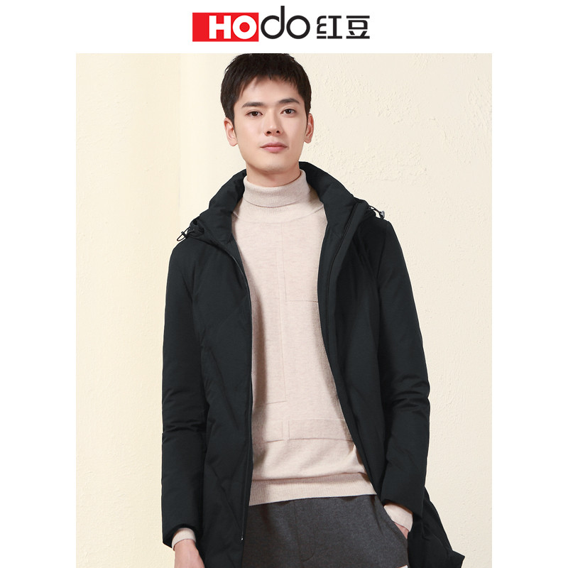 HODO红豆男装冬季男士羽绒服轻商务连帽中长款休闲男羽绒服 190/104B S5黑色