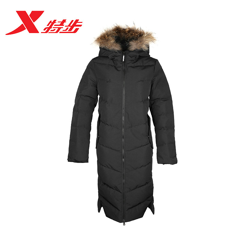 特步女服2018冬季新款正品女中长款保暖加绒羽绒服女982428190796 3XL 黑色