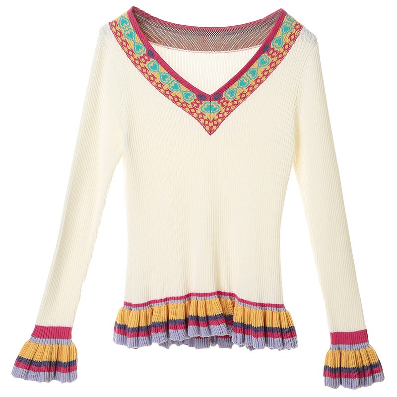 裂帛秋冬新款民族风气质V领彩色提花针织衫显瘦长袖毛衣 XL 白色