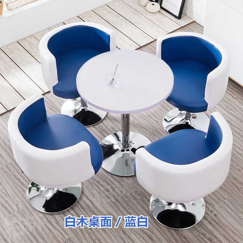 洽谈桌椅组合咖啡厅休闲办公会客桌餐桌奶茶店玻璃小圆桌接待桌椅_227_641 军绿色_1+4蓝白_白木板