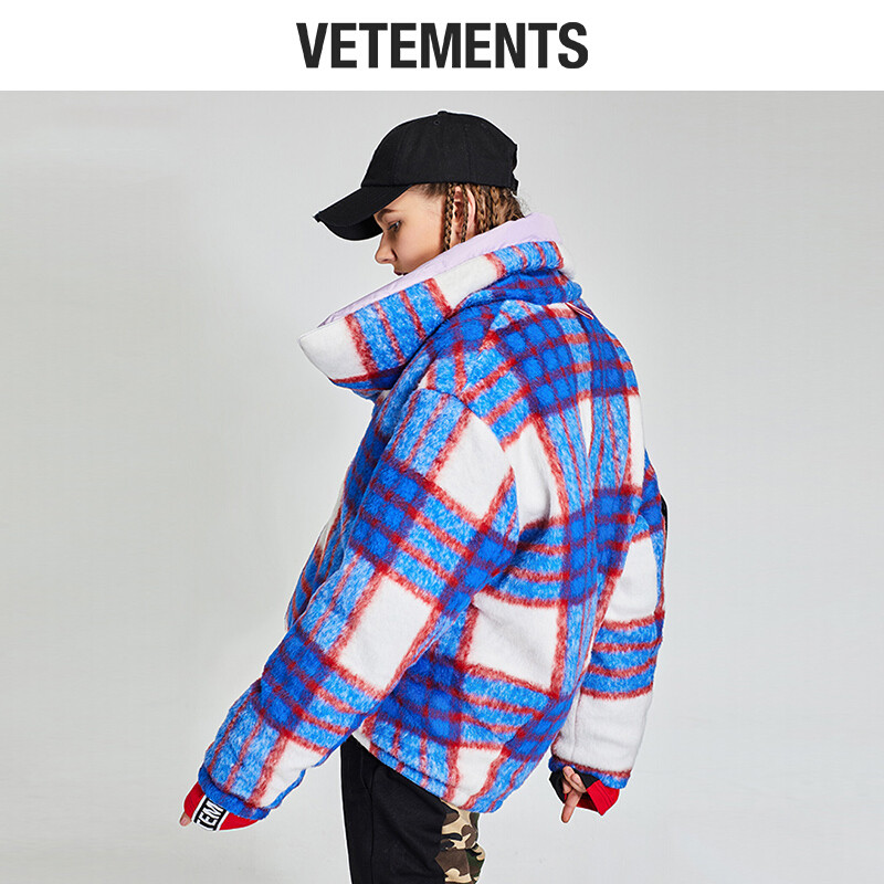 vetements羽绒服女短款高领女装2018冬季新款复古格子磨毛贴标双面穿蓝格 L 默认颜色