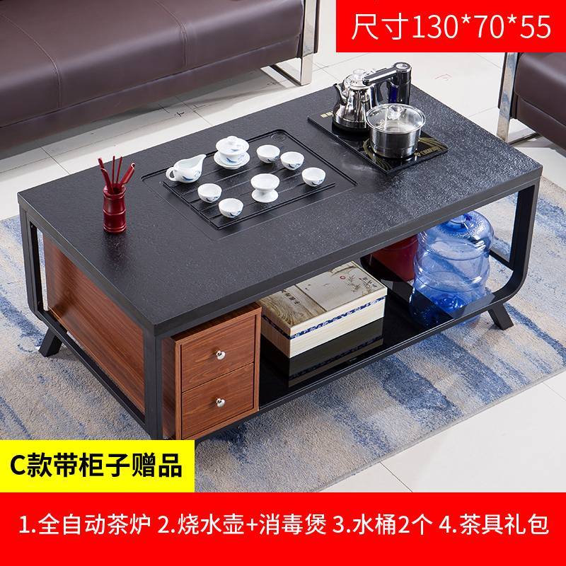 简约现代大理石功夫茶几创意火烧石泡茶桌玻璃铁艺带茶炉办公茶台 组装_C款1.3米带柜子自动茶炉