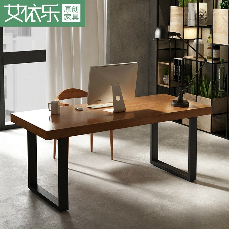 美式LOFT铁艺实木台式电脑桌会议桌书房书桌椅组合实木简约办公桌 桌220*90*75CM_木5CM