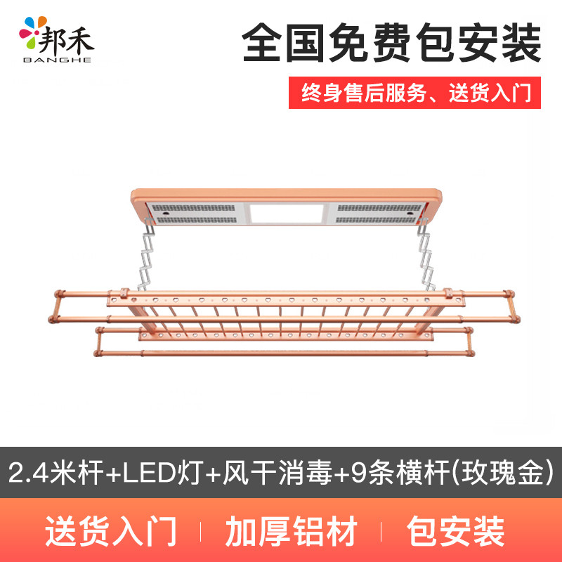 电动晾衣架 阳台升降晾衣杆折叠智能遥控晒衣架自动挂衣架晾晒架 928F2.4米杆+LED灯+风干消毒+9条横杆(玫瑰金)