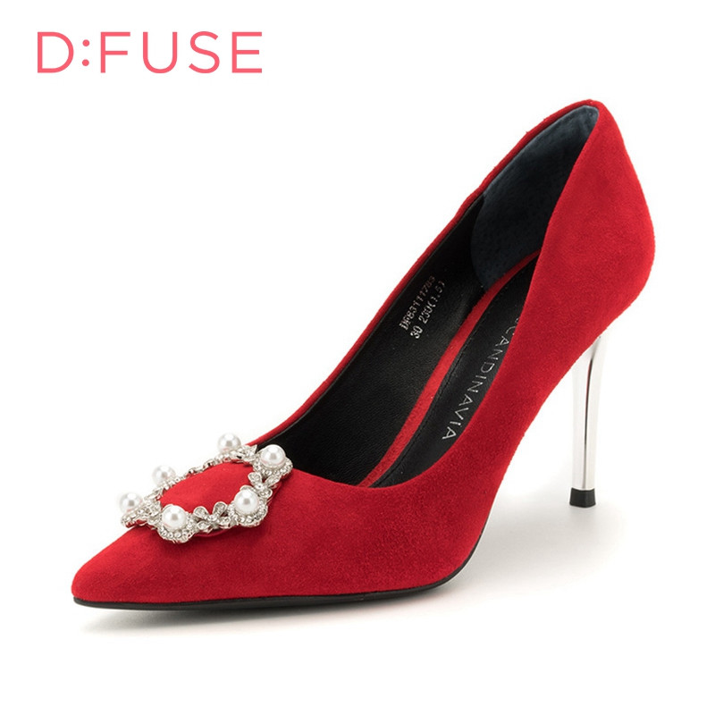 迪芙斯(D:fuse)绒面羊皮革金属饰扣尖头高跟细跟时尚单鞋女DF83111783 红色 36码