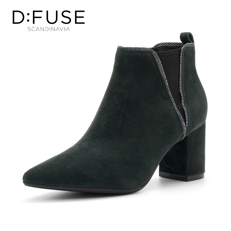 迪芙斯(D:fuse)冬季绒面羊皮革尖头中跟粗跟时尚短靴女DF84116027 橄榄绿色 39码