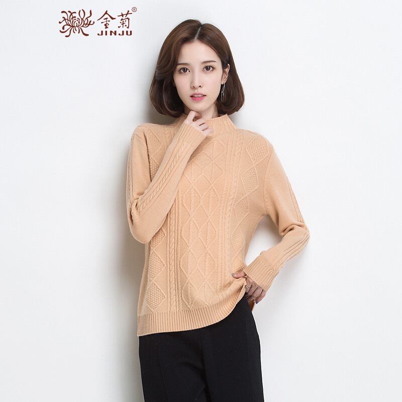 金菊女装2018秋冬新款女士纯羊毛毛衣半高领羊毛衫女长袖绞花针织衫时尚百搭套头毛衣女 M 驼色