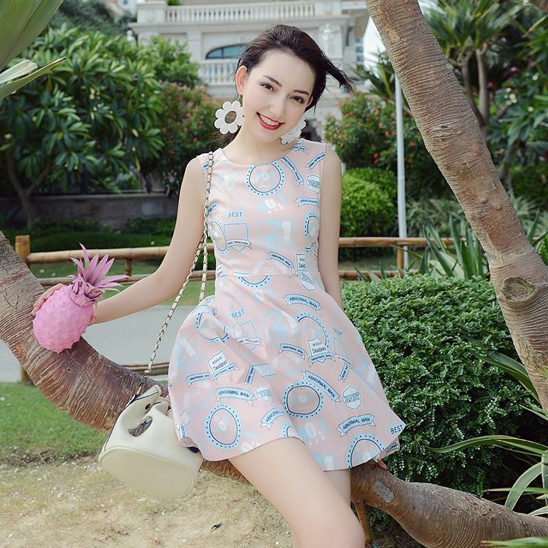 2018夏装新款连衣裙女韩版显瘦无袖印花a字裙短裙子夏季女装潮_760_741 S 粉色