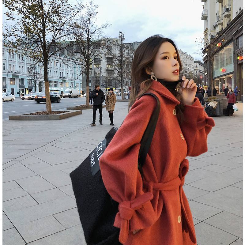 谜秀毛呢外套女中长款2018秋冬装新款韩版修身气质冬季流行大衣潮_876_975 L 红色