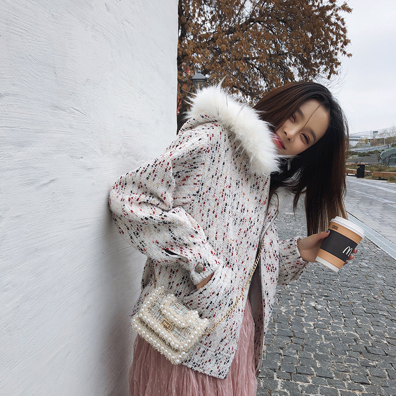 谜秀毛呢外套女短款2018冬装新款韩版粗花呢chic小个子呢子外套潮_431_192 M 白色