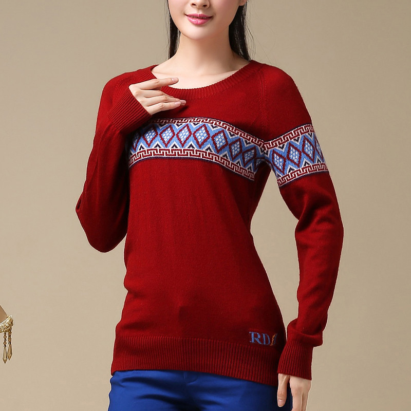 法兰貂新品女套头低圆领羊绒衫多图案特价款简约常规毛衣BF1114/00200 酒红色 L