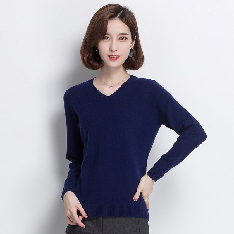 恒源祥羊毛衫女秋冬V领100%羊毛鸡心领针织衫打底毛衣女2018新款 160/S 藏青