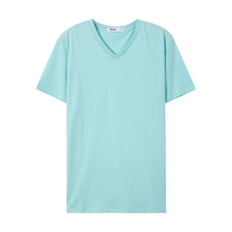 美特斯邦威短袖T恤男士舒适纯色V领半袖打底衫韩版学生体恤男潮流 185/104B 浅蓝