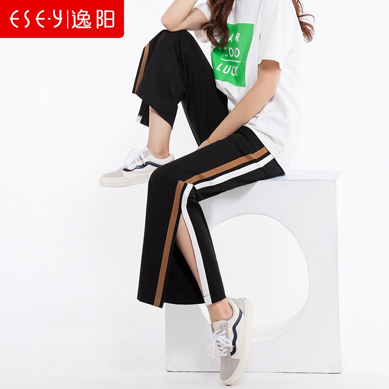 逸阳女裤2018春秋新款宽松休闲坠感直筒校服裤女侧条纹九分阔腿裤 27/7 黑白条