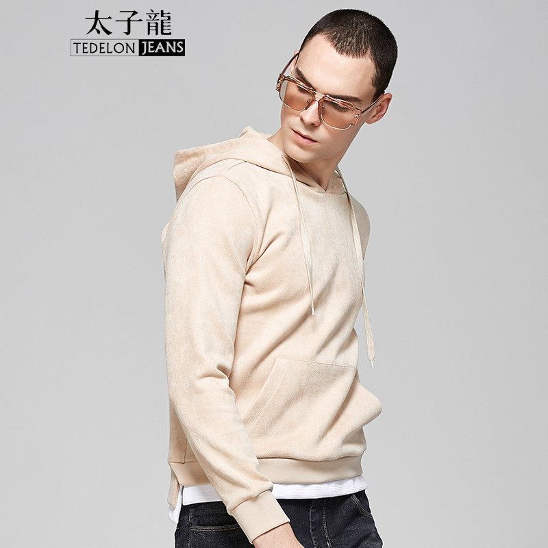 太子龙(TEDELONJEANS) 卫衣男 2018秋冬新款 皮绒连帽多色修身假两件柔软舒适个性百搭卫衣 3XL T83615杏色