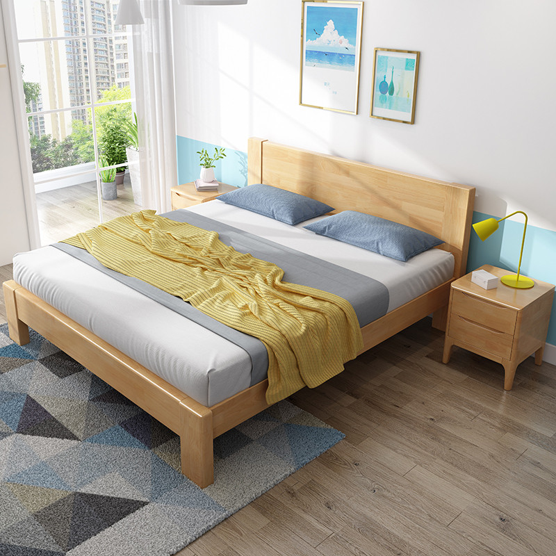 一米色彩 现代简约主卧全实木床北欧1.5米1.8米原木双人床卧室家具经济型 1.5M单床+1床垫+2床头柜