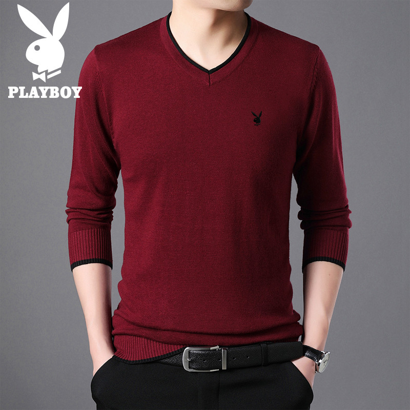 花花公子PLAYBOYJEANS针织衫男 春秋款男士V领毛衫 纯色休闲长袖毛衣打底衫 2XL 酒红色