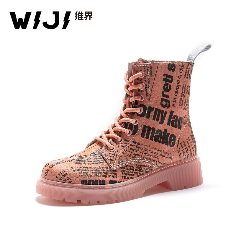 WIJI冬季新款时尚字母马毛马丁靴休闲个性青春潮流气质高帮女鞋女_1 粉色 37