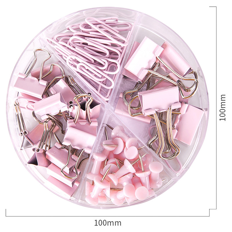 得力deli78551玫瑰金三针一钉办公组合 工字钉 回形针 票夹 组合装桌面小工具金属多功能资料文件整理夹图钉 粉色组合装-5盒