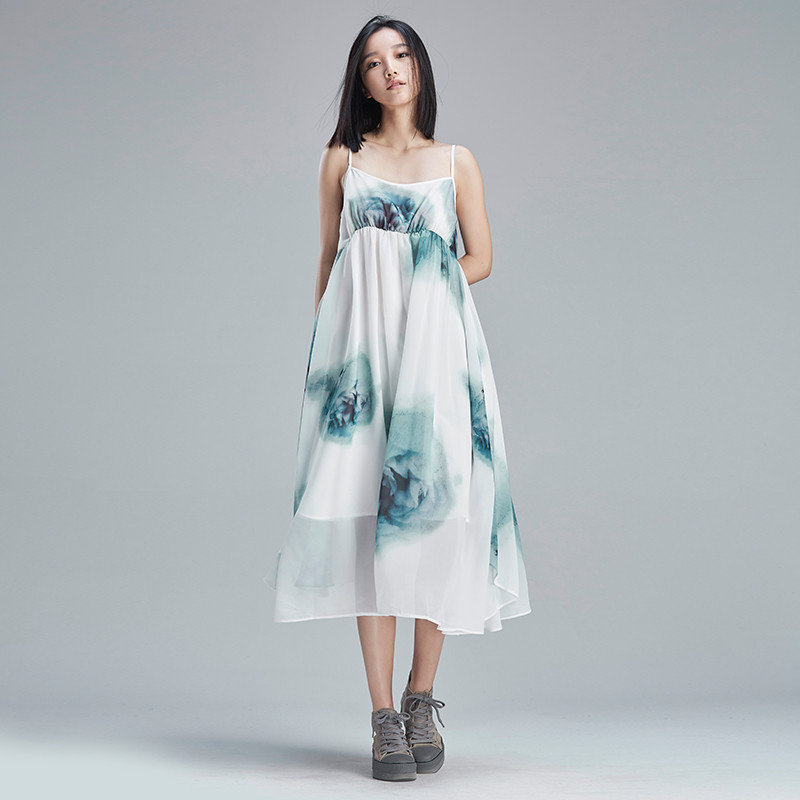 sdeer圣迪奥女装夏装清冷色氤氲印花韩式带连衣裙 灰绿蓝/65 XL