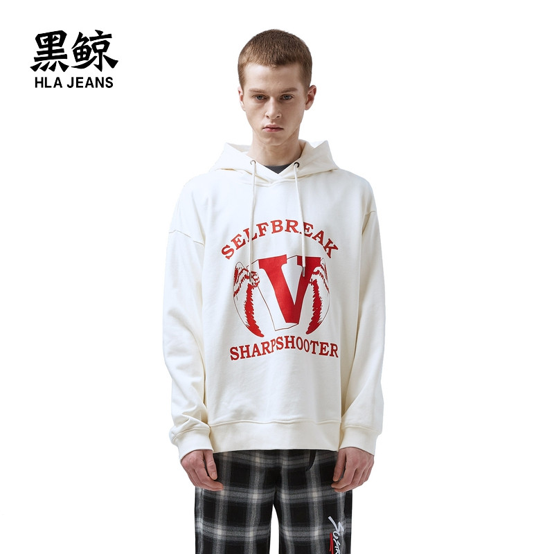 黑鲸HLAJEANS撞色印花落肩连帽卫衣2019春季上衣男女同款海澜潮牌CNZWJ19007A 米白07 190/104A