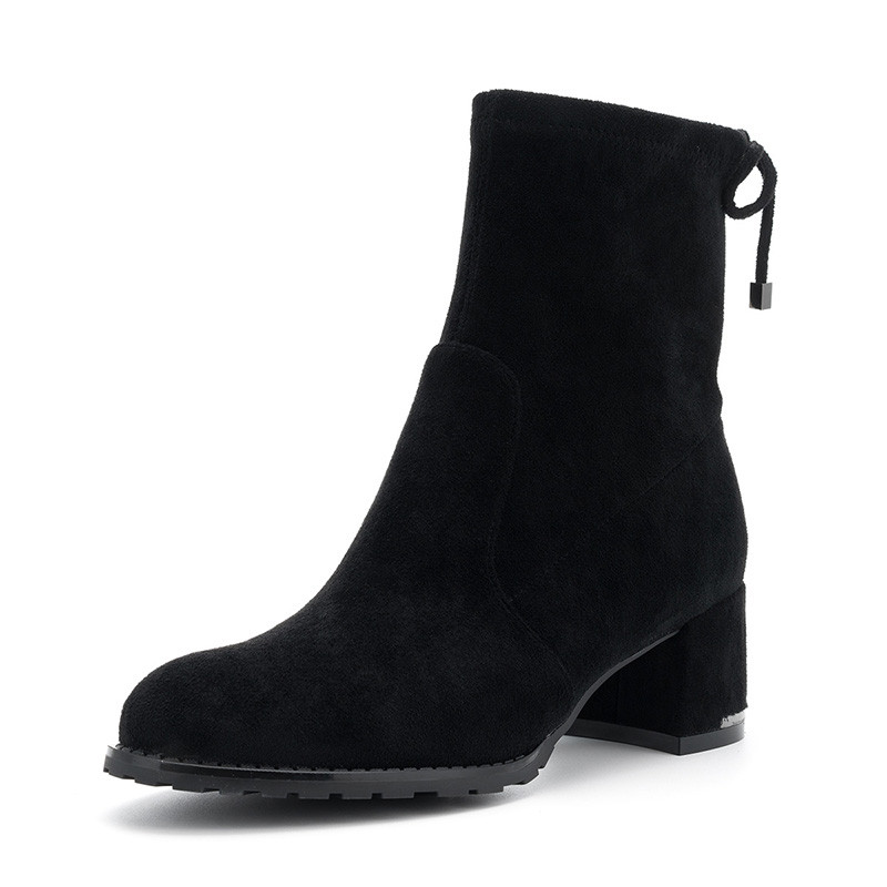 索菲娅(SAFIYA)冬季交叉系带元素圆头中跟粗跟时尚短靴女SF84116008 黑色 37码